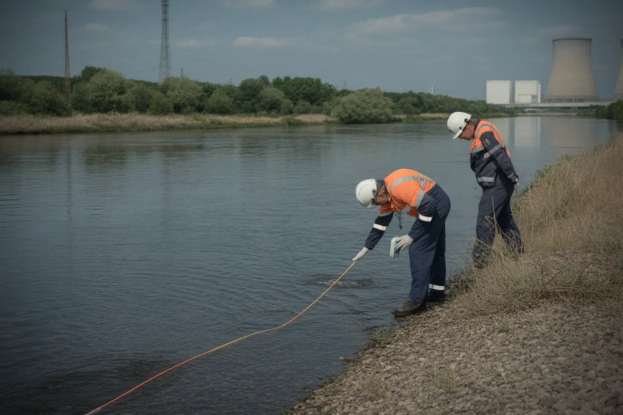 Techniciens mesurant la température du Rhône près de la centrale