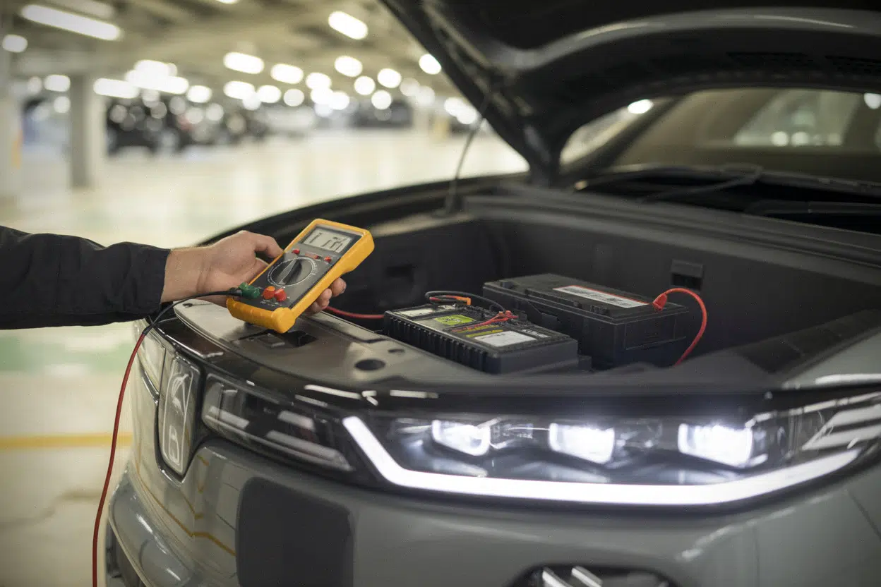 Diagnostic batterie 12 V sur voiture électrique en atelier mobile
