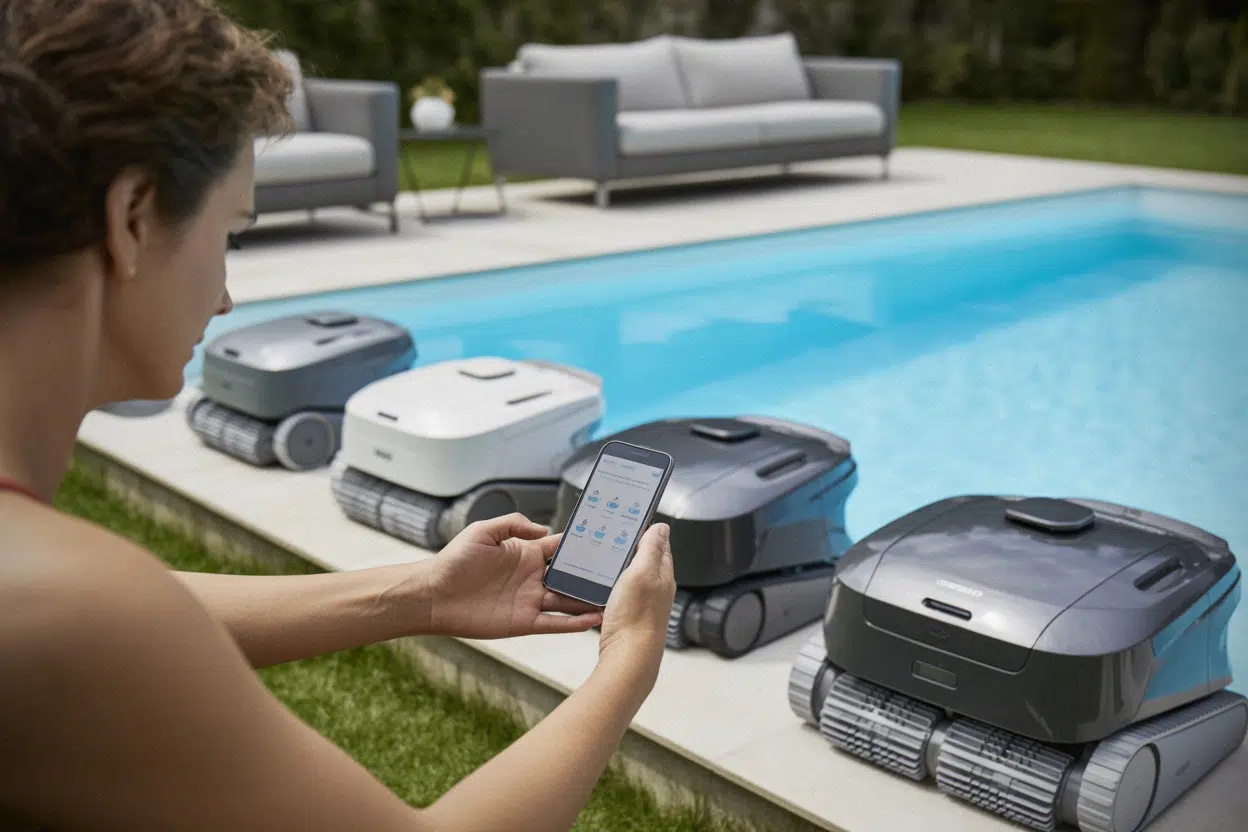 Comparatif de robots de piscine en soldes près d’un bassin