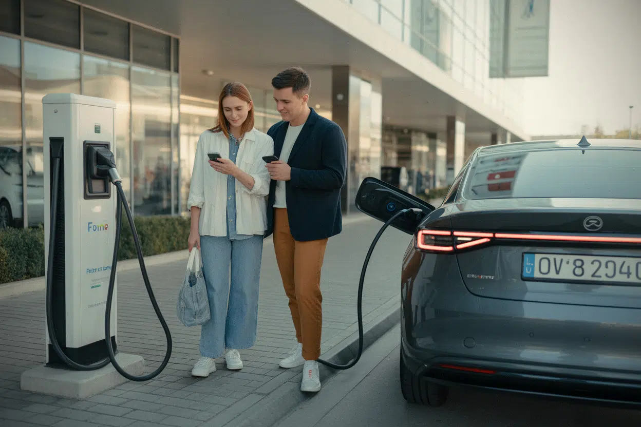 Famille consultant une application de recharge pour voiture électrique
