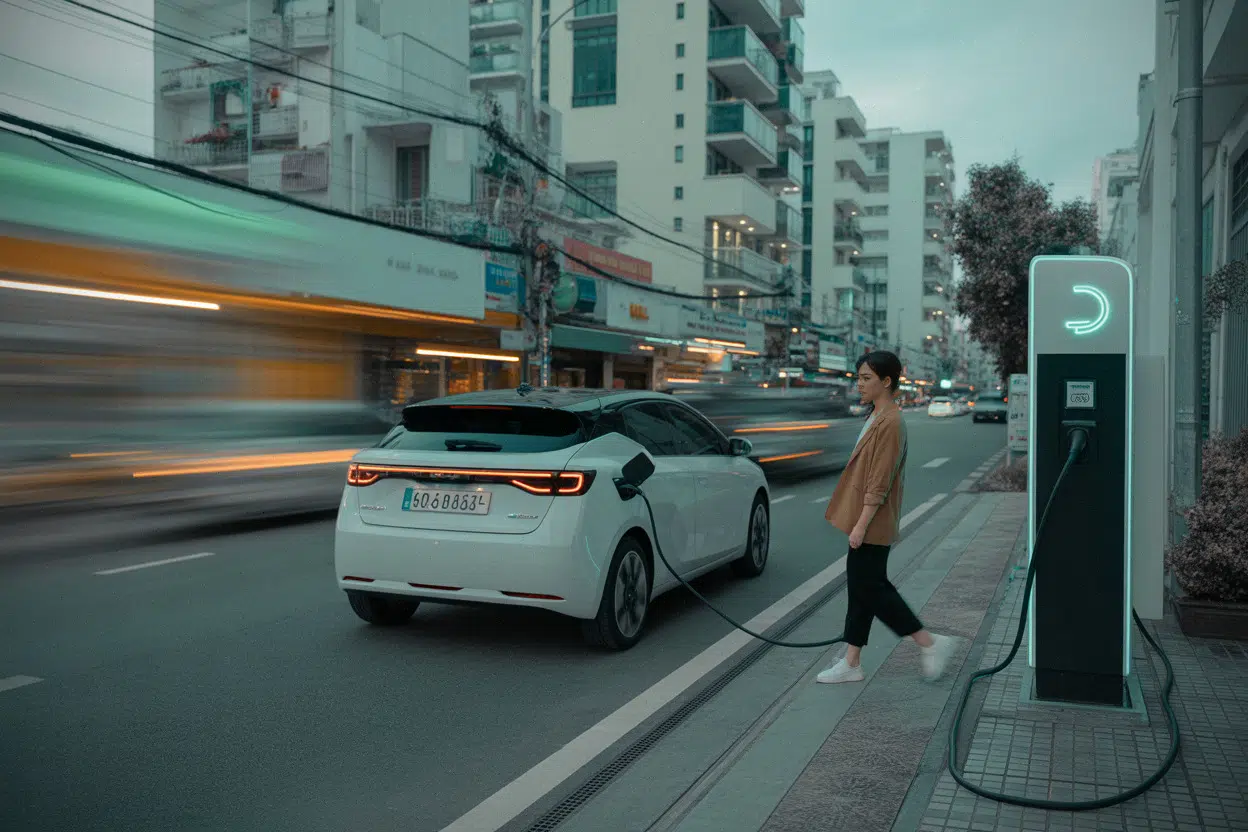 Voiture électrique compacte dans une rue urbaine vietnamienne moderne