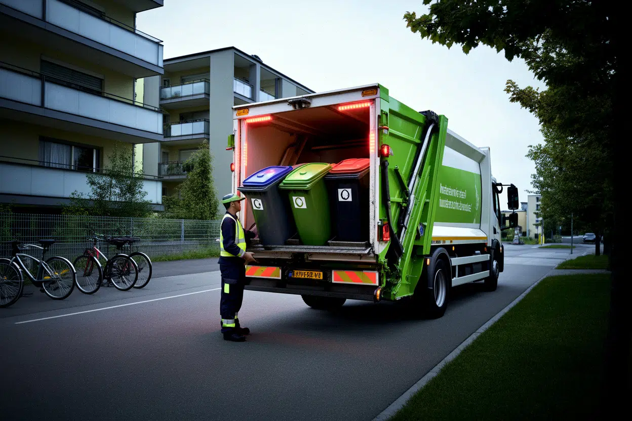 Collecte municipale des déchets dans un quartier suisse contemporain