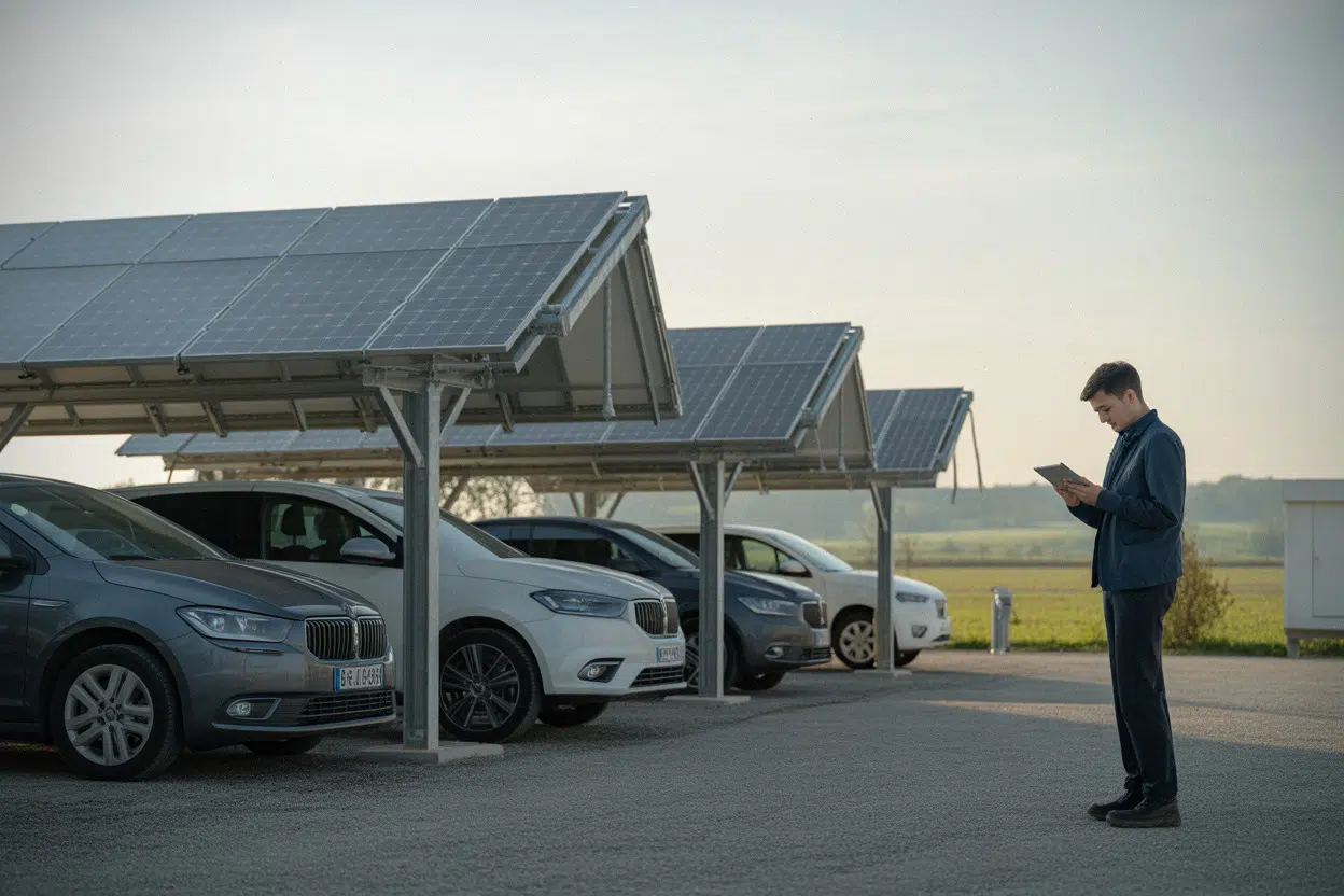 Technicien contrôlant des panneaux solaires sur ombrières photovoltaïques